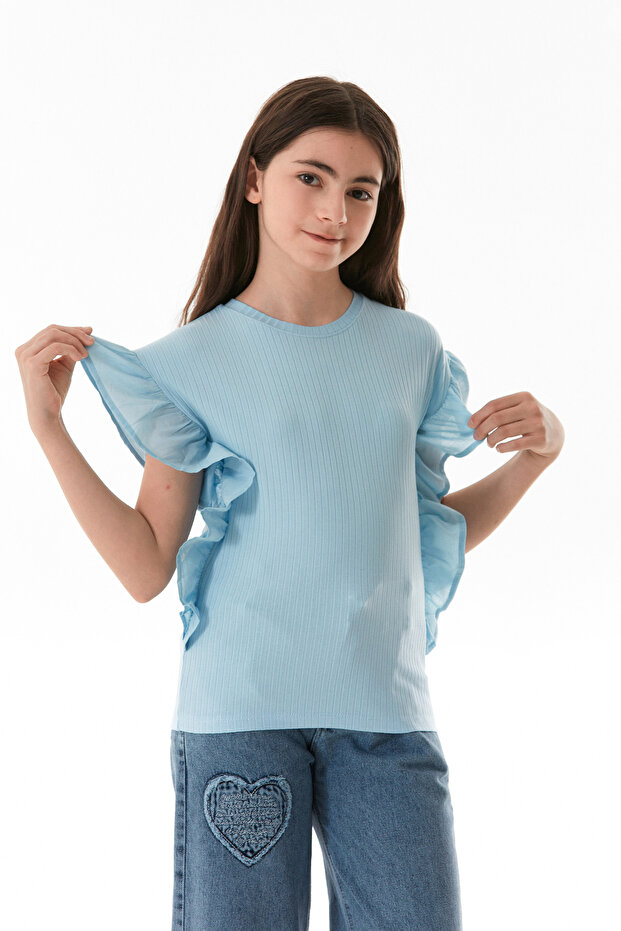 Ribbed Girl's Blouse with Flounces on the Sides