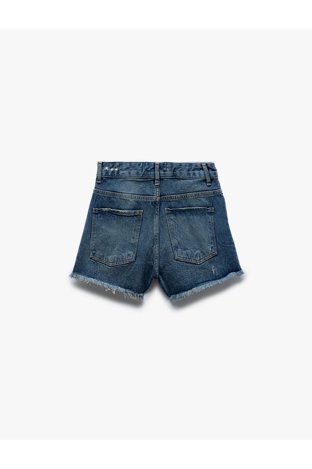 Yıpratma Detaylı Düğmeli Cepli Yüksek Bel Mini Denim Şort - 5