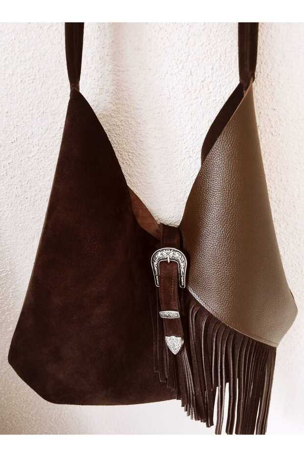 Suede and Genuine Leather Handbag Vintage Silver Accessories Shoulder Handbag