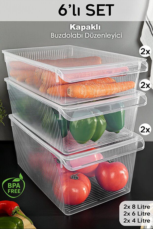 6-Piece Storage Container Set with Lids - Organizer Container for Fruits, Vegetables, and Food 2X(4-6-8) Liters