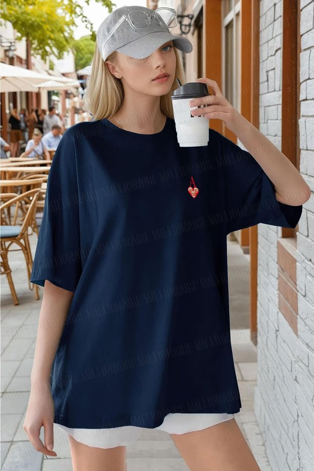 Women's Navy Blue Trophy as Skull Oversize Fit Loose Wide Fit Loose Cut T-Shirt
