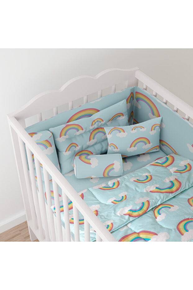 7-Piece Baby Crib Sleeping Set, Dreamy Rainbow Skies Cot Set, Size: 70 x 130 cm