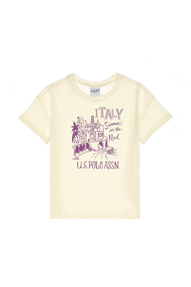 Kız Çocuk Krem Bisiklet Yaka Baskılı Pamuk Tişört 50306178-VR071 - 2