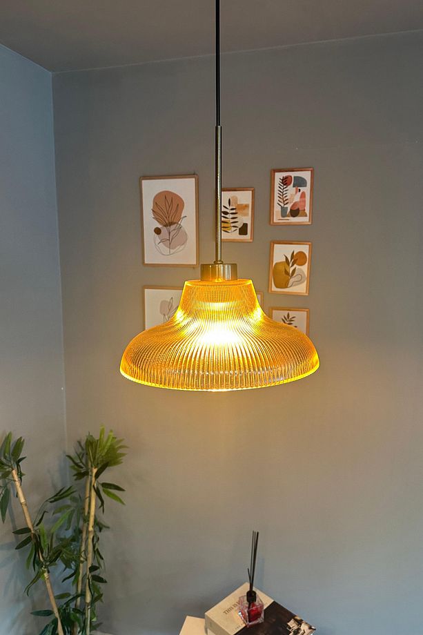 Stark Cam Bal Rengi Tekli Avize İnce Eskitme Başlık Retro Sarkıt Lamba Salon Aydınlatma - 4