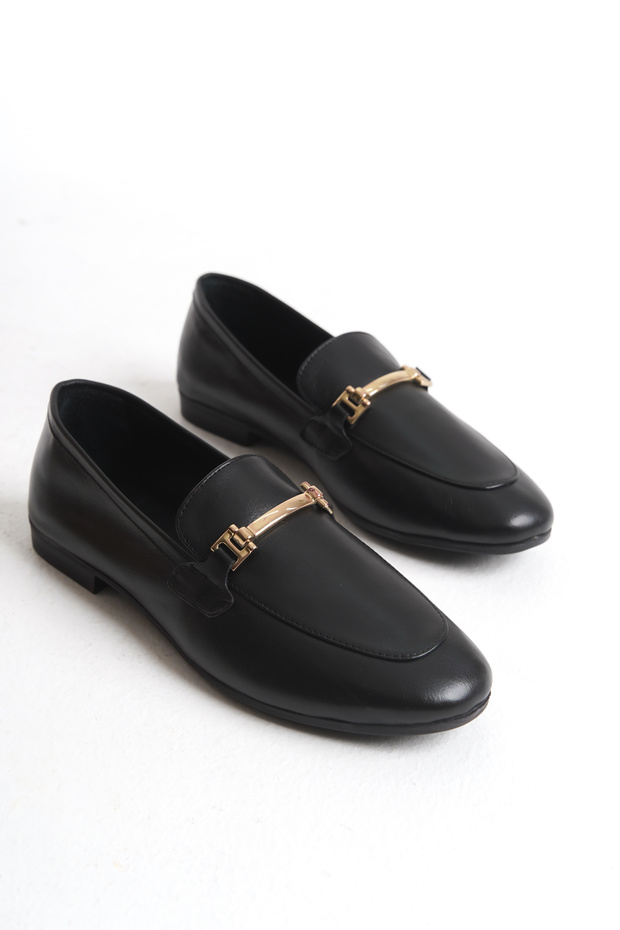 Luna Black Genuine Leather Women's Buckle Ballerinas