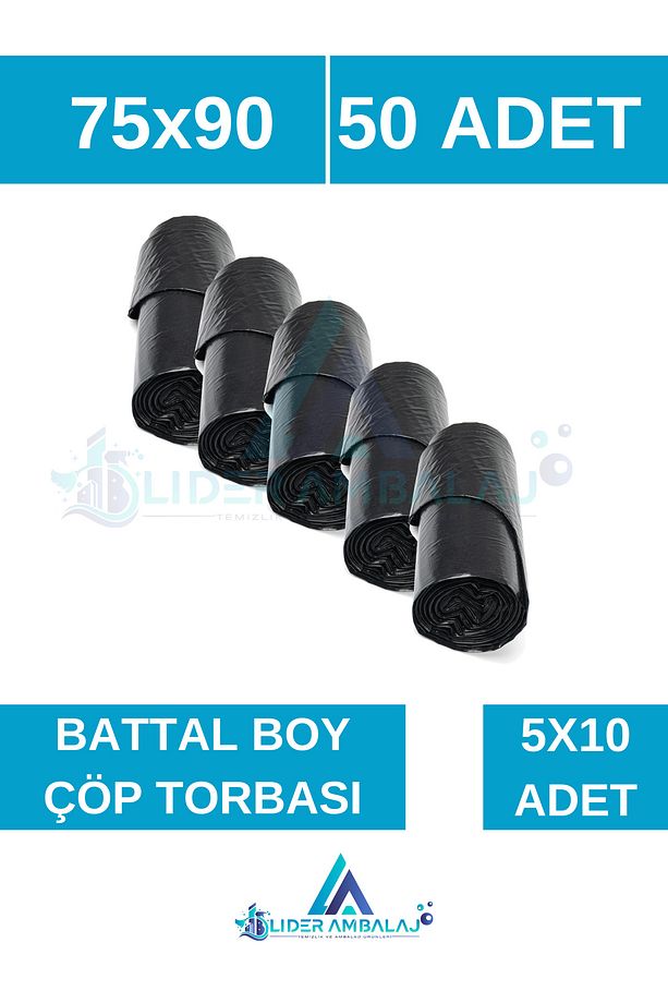 Çöp Torbası Battal Boy 10’lu 5 Rulo Kalın 75X90 Çöp Poşeti - 1