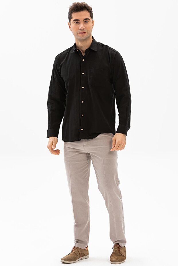 Long Sleeve Sile Cloth Single Pocket Men's Summer Shirt Black 3003