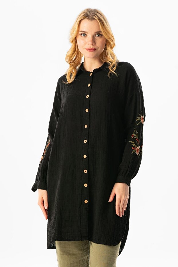 Long Sleeve Deck Shirt Collar Summer Muslin Tunic Black Black