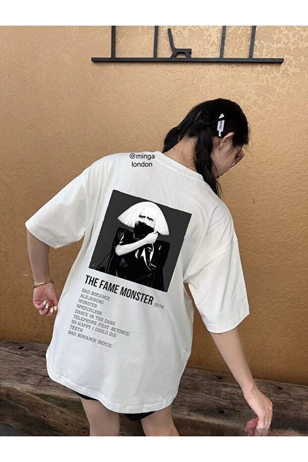 White Lady Gaga the Fame Monster Detail Front/Back Printed Oversize Unisex T-Shirt