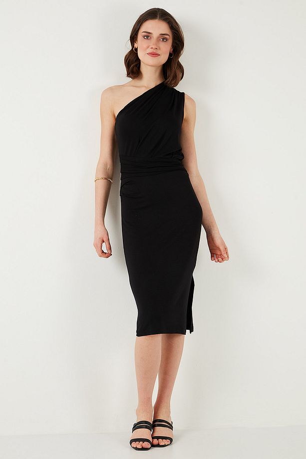 Slim Fit Tek Omuzlu Yırtmaçlı Bağlama Detaylı Midi Elbise ELBİSE 5866272 - 5