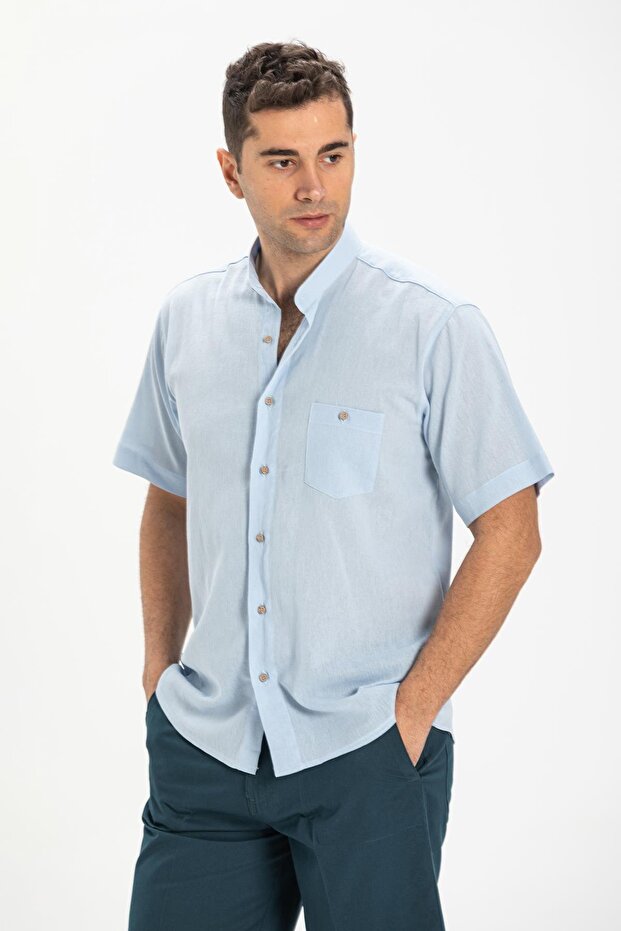 Short Sleeve Shile Cloth Judge Collar Single Pocket Men's Summer Shirt Ice Blue 3027