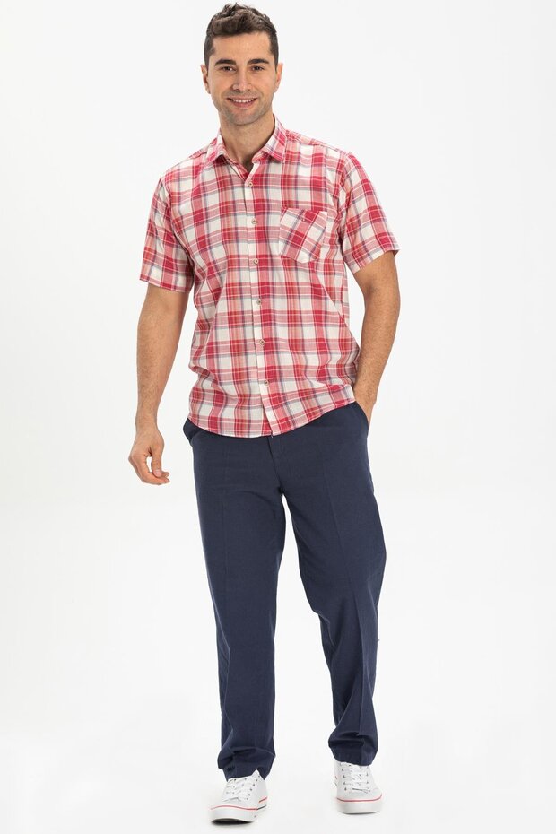 Short Sleeve Sile Cloth Single Pocket Men's Summer Shirt Red Cream Plaid 3038