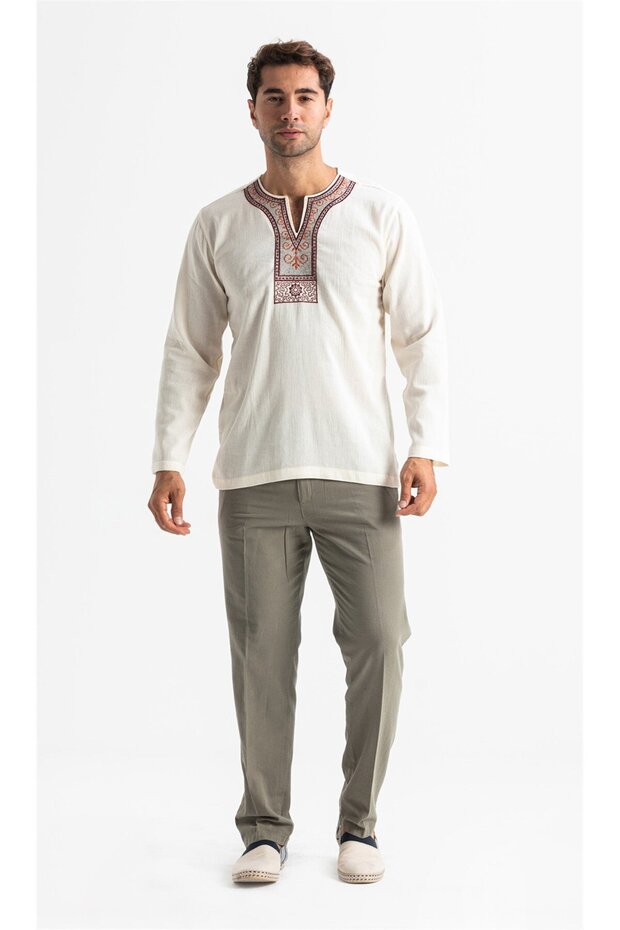 Long Sleeve Sile Cloth Crew Neck Ethnic Men's Summer T-shirt Cream Red