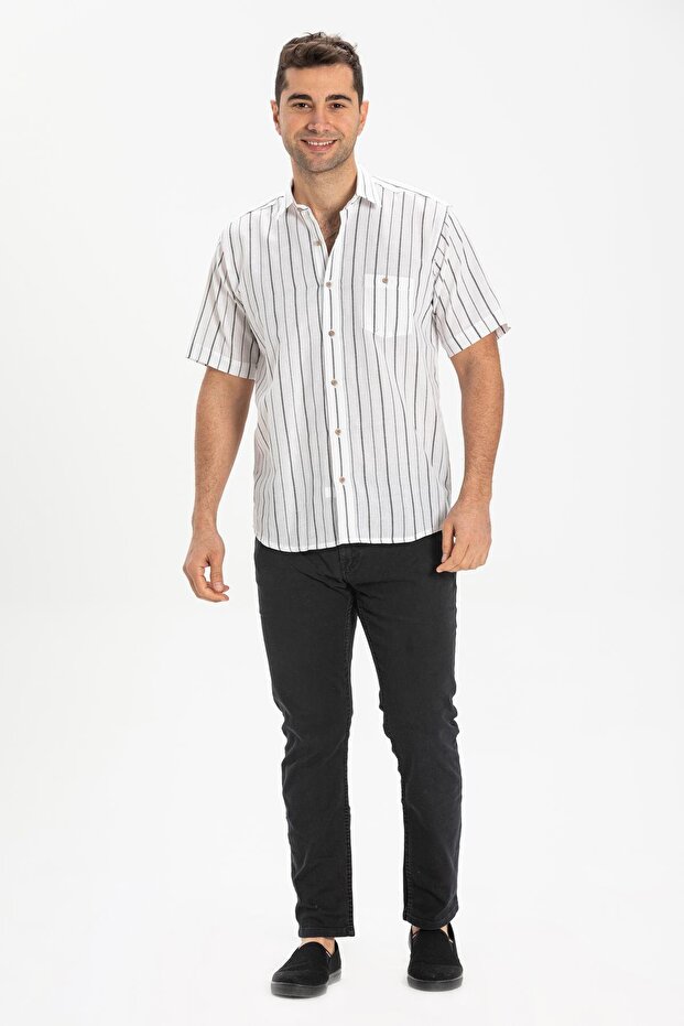 Large Size Short Sleeve Sile Cloth Single Pocket Men's Shirt White Black Striped 3006