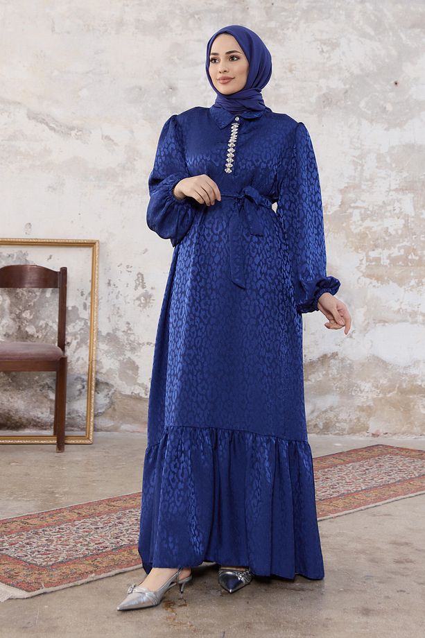 Liya Taşlı Jakar Elbise - İndigo - 3