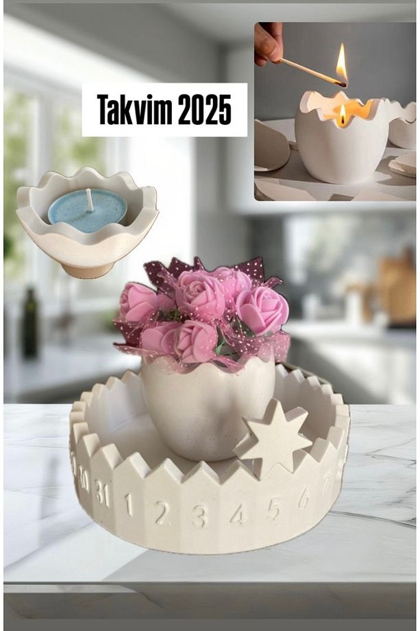Canlı Takvim Mumluk Mum Vazo Saksı Şekerlik Tabak Doğum Günü Yumurta Kalıp Tepsi Ev Dekorasyon Seti - 1