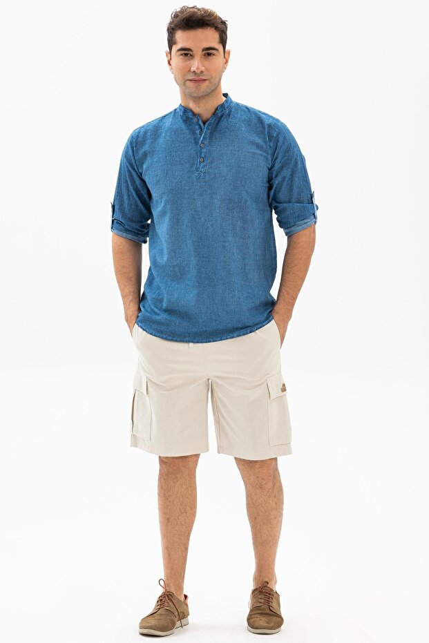 Long Sleeve Şile Cloth Bodrum Men's T-shirt Jeans Blue 9011