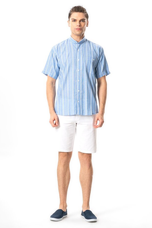 Short Sleeve Sile Cloth Judge Collar Single Pocket Men's Summer Shirt Blue White Striped 3019