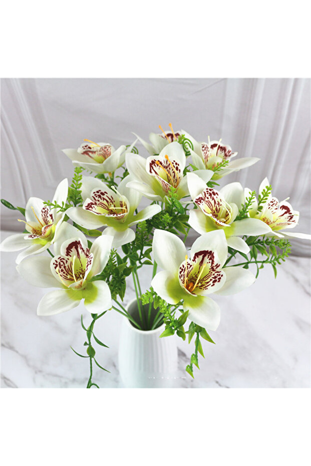 WHITE 10Pcs/Bouquet Artificial Orchid Flore White Silk Fake Orchid Flower DIY Wedding Back Road Home