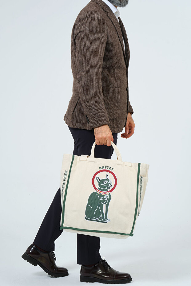 Bastet Nakış İşlemeli %100 Pamuk Çok Cepli Fonksiyonel Bez Çanta - 7