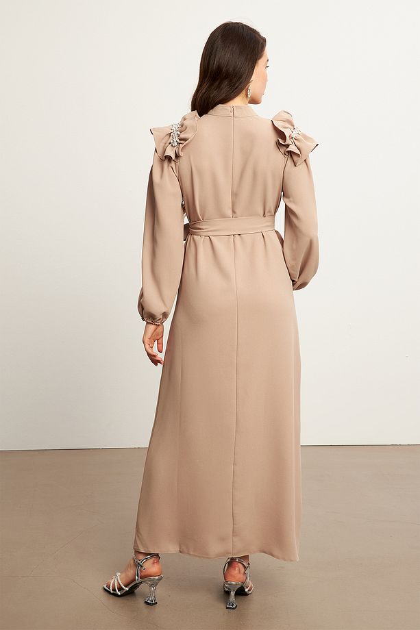 Layla Aksesuarlı Elbise - Vizon - 6