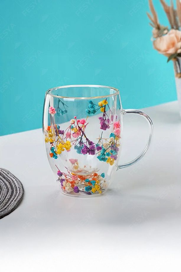 Çift Camlı Cidarlı Kulplu Bardak 150ml Çiçek Dekorlu Isıya Dayanıklı Bardak - 2