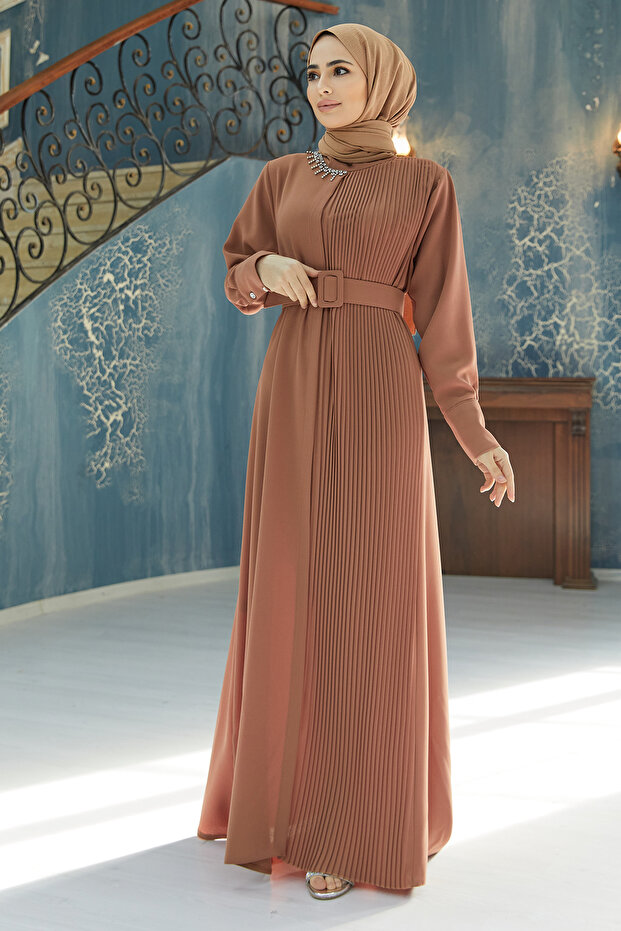 Piliseli Kemerli Elbise - Camel - 3