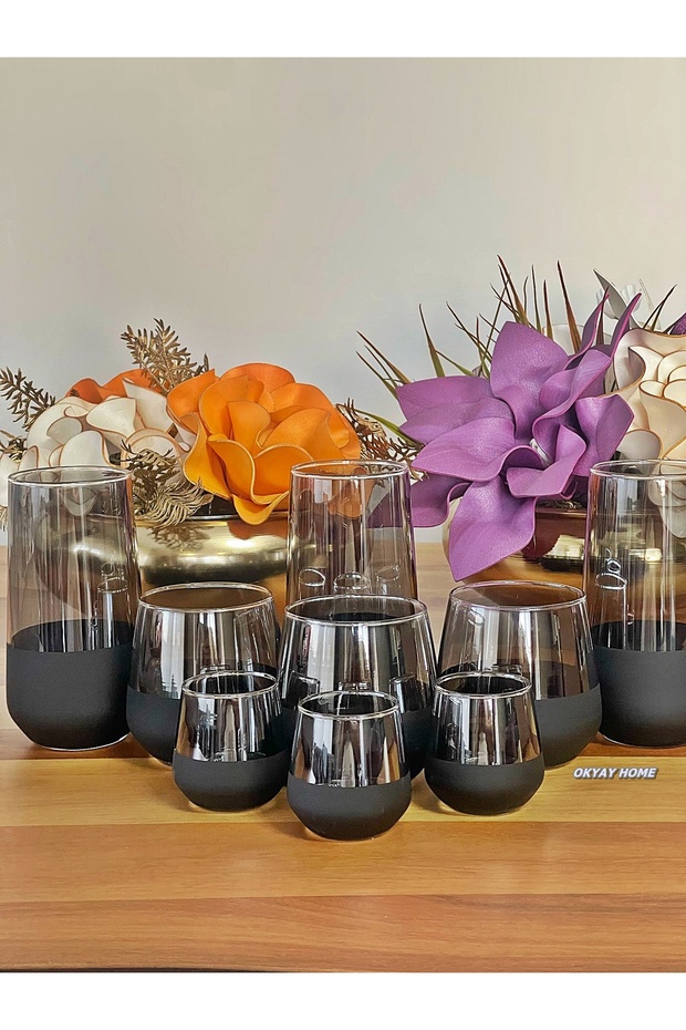 18 Piece Dip Black Top Smoked Water Set, Water Set, Water Glass, Soft Drink Glass, Gift Dowry Box