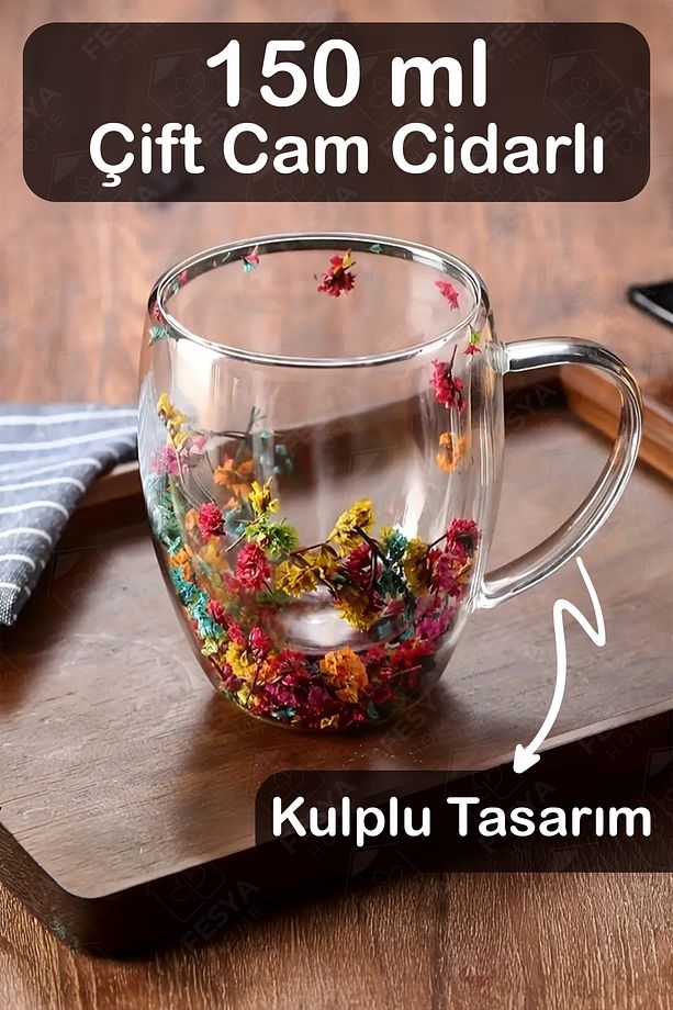 Çift Camlı Cidarlı Kulplu Bardak 150ml Çiçek Dekorlu Isıya Dayanıklı Bardak - 1