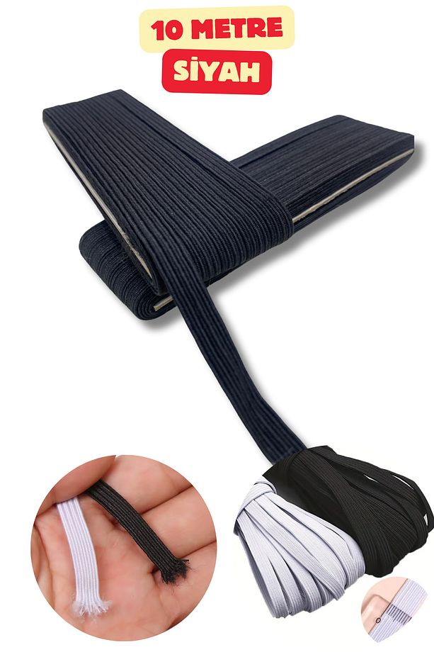 Siyah 1 Cm Eninde 10 Metre Yassı Lastik Bel Paça Lastiği Lateks No:2- Bel Paça Don Lastiği - 1