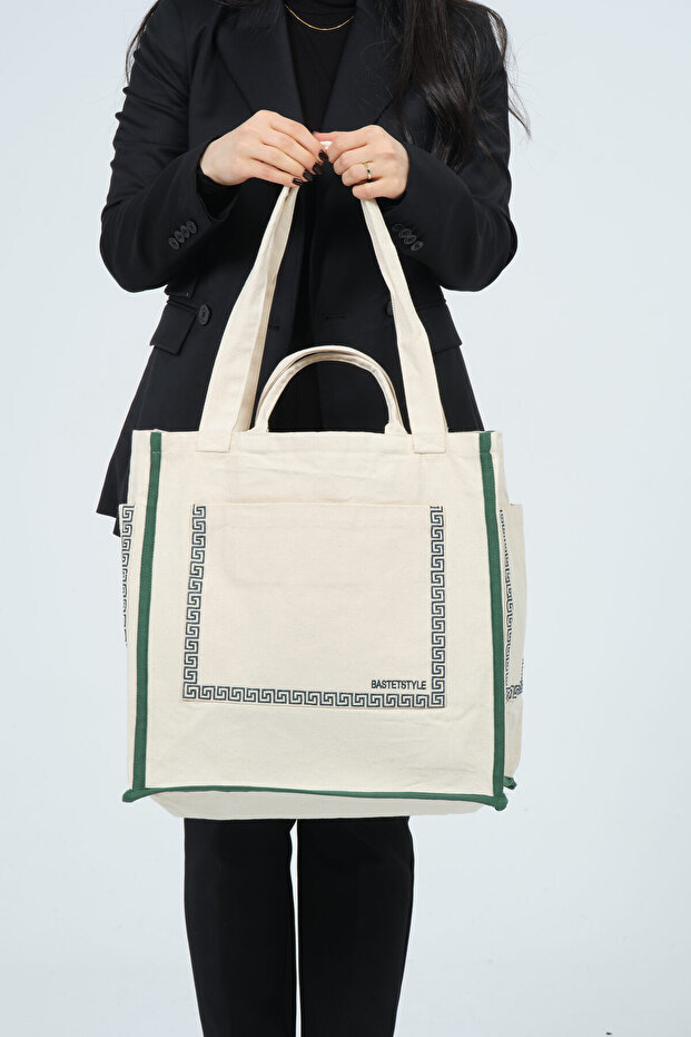 Bastet Nakış İşlemeli %100 Pamuk Çok Cepli Fonksiyonel Bez Çanta - 4