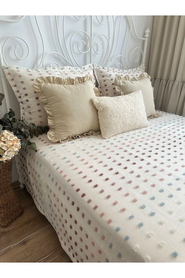 Lale Model Ekru Pembe Mavi Yatak Örtüsü / Pike Takımı Çift Kişilik - 4