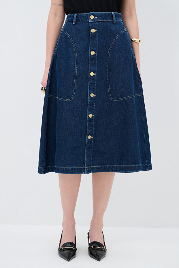 Düğmeli Denim Etek - 2