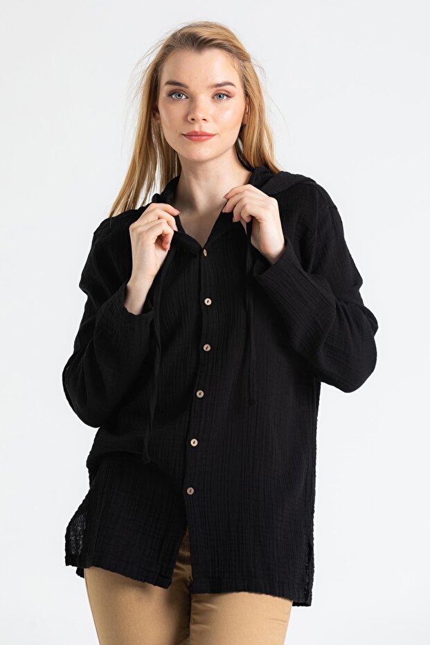 Long Sleeve Hooded Women's Summer Muslin Sweatshirt Black Black