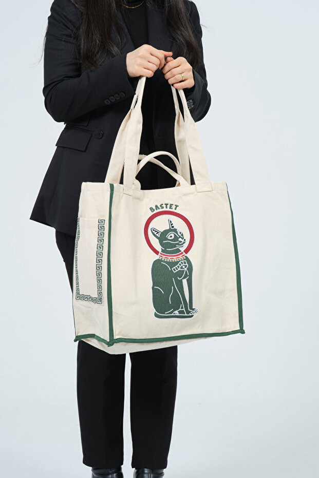 Bastet Nakış İşlemeli %100 Pamuk Çok Cepli Fonksiyonel Bez Çanta - 3