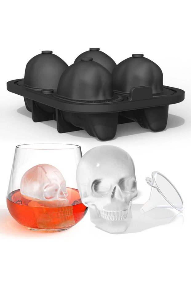 B Extra Large 3D Skull Ice Cube Mold Flexible Silicone Maker 4 Cavity Tray for Whiskey Bakin
