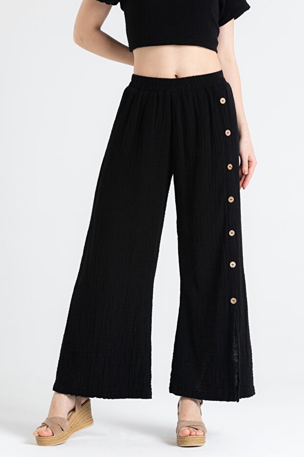 Izel Slit Summer Muslin Trousers Black Syh