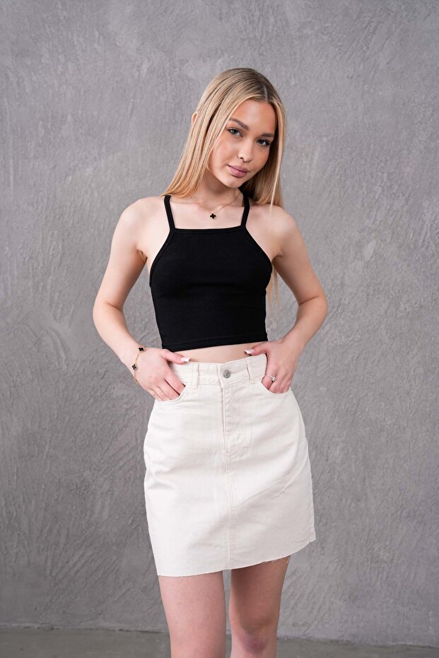 Ekru Mini Denim Etek - 3