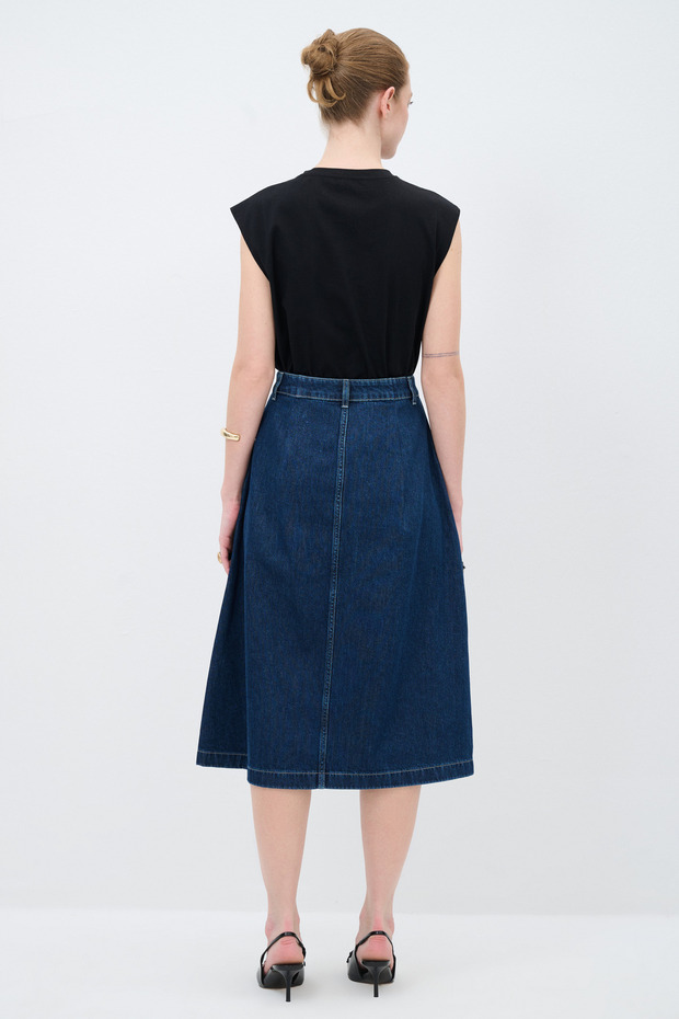 Düğmeli Denim Etek - 6