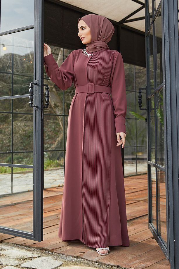 Piliseli Kemerli Elbise - Gül Kurusu - 4