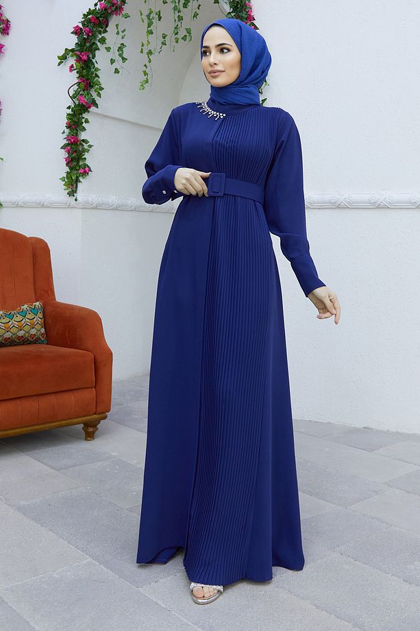 Piliseli Kemerli Elbise - Indigo - 1