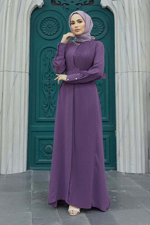 Piliseli Kemerli Elbise - Leylak - 2
