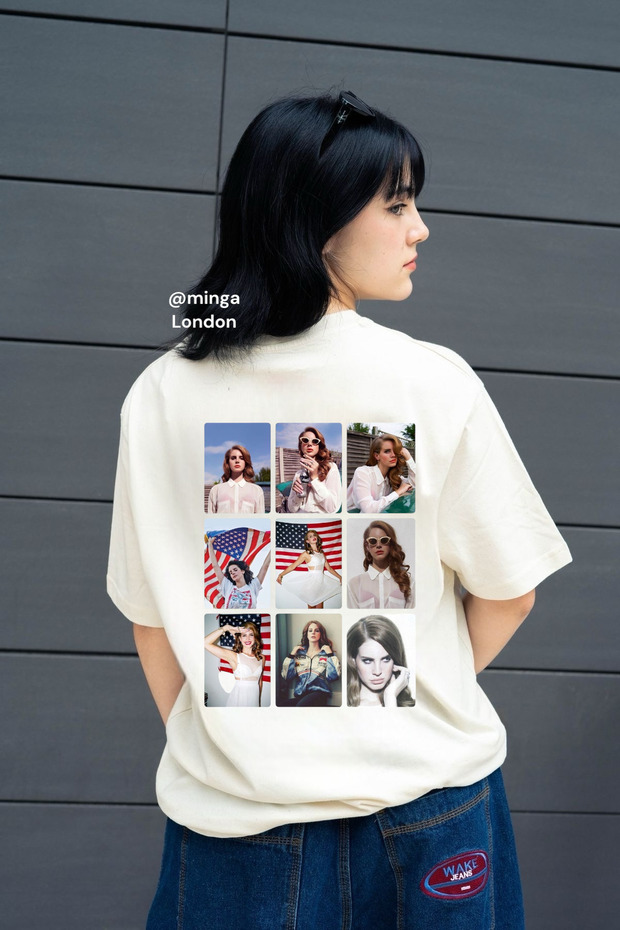 Beige Lana Del Rey Photo Collage Detail Front/Back Printed Oversize Unisex T-Shirt -Mingalondon