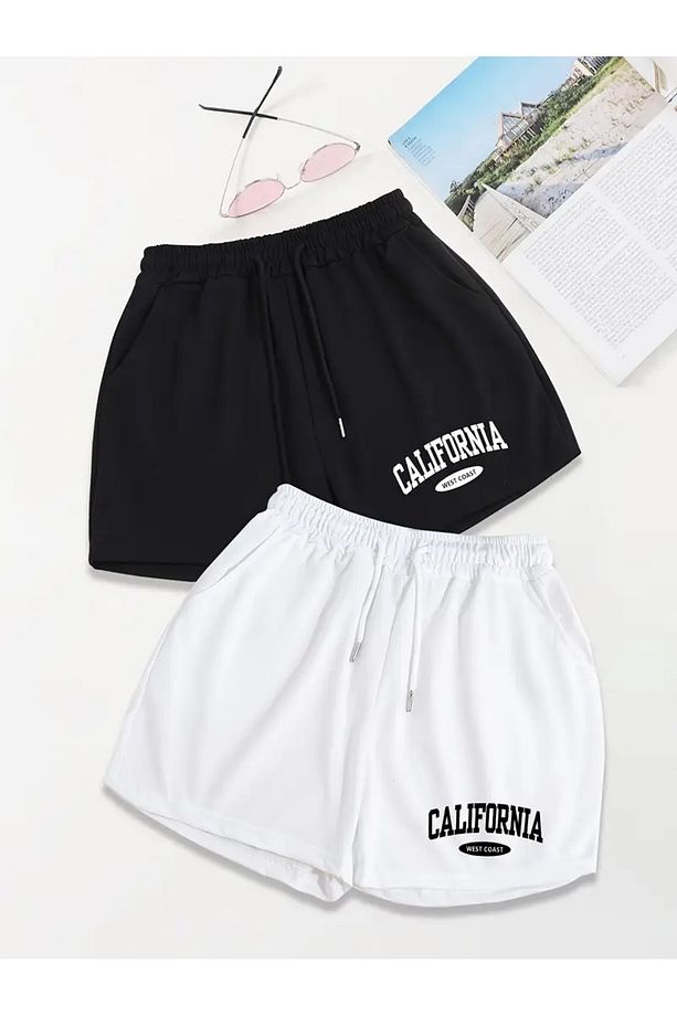 California West Coast Baskılı 2'li Şort Unisex Yazlık Rahat  Basic Şort - 1
