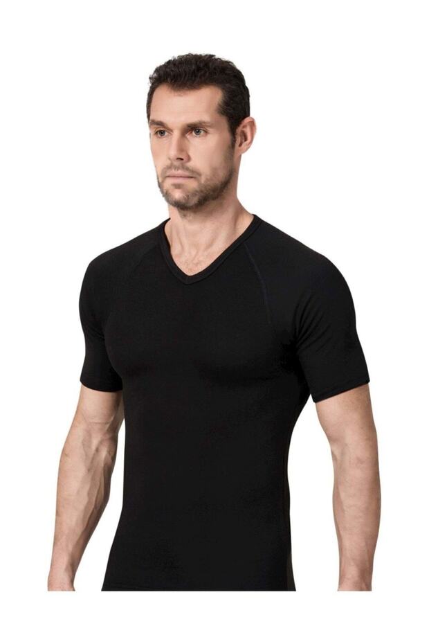 Men's Black Thermal V-Neck Short Sleeve Undershirt 173