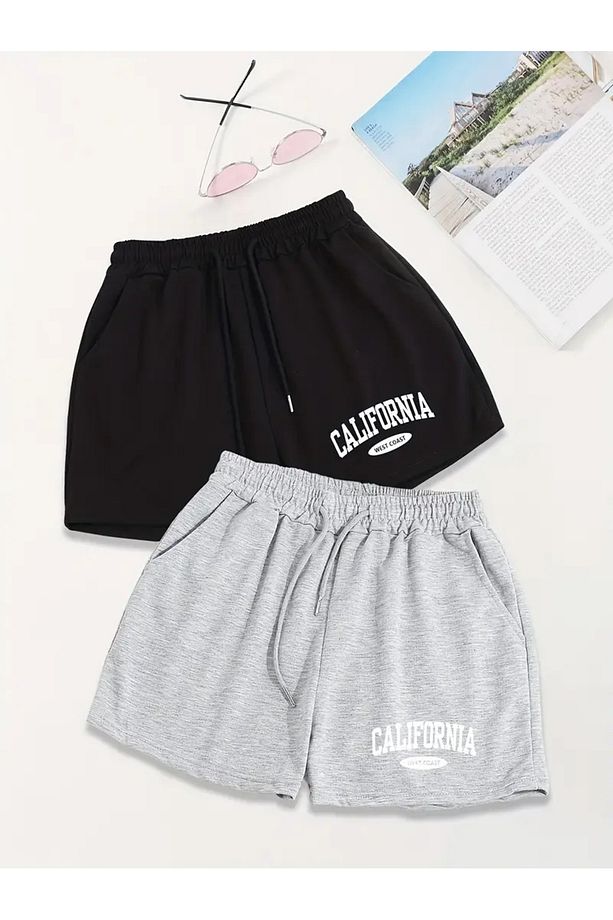 California West Coast Baskılı 2'li Şort Unisex Yazlık Rahat  Basic Şort - 1