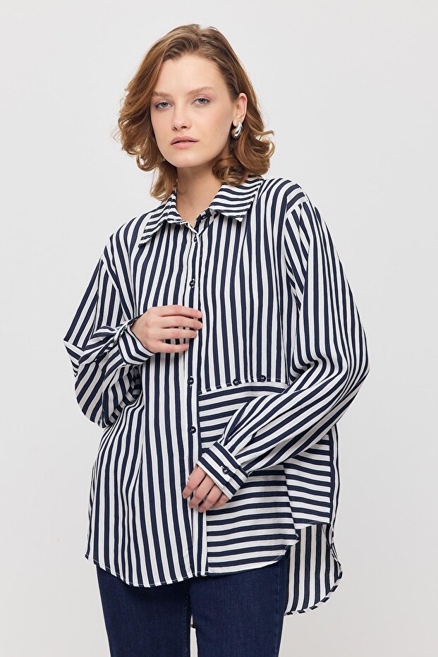 قميص كحلي، 4522A مخطط بأزرار - 3