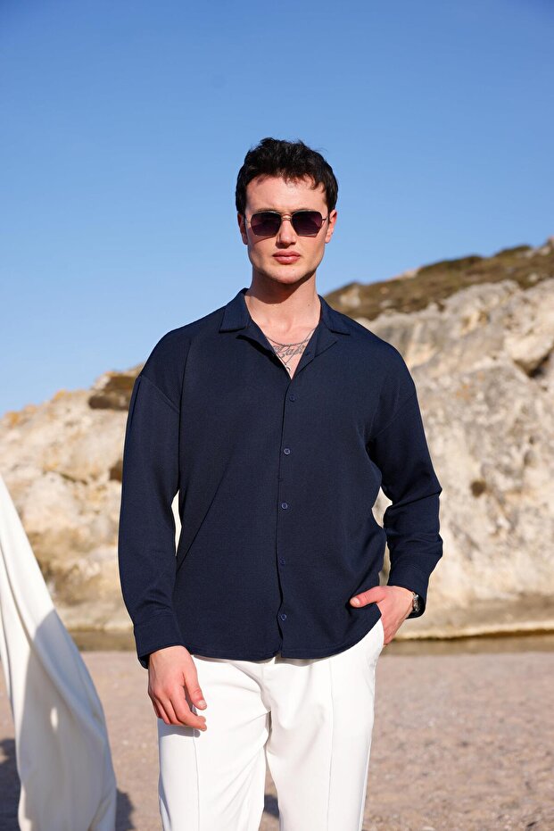 Men's Navy Blue Color Knitted Ottoman Fabric Long Sleeve Shirt