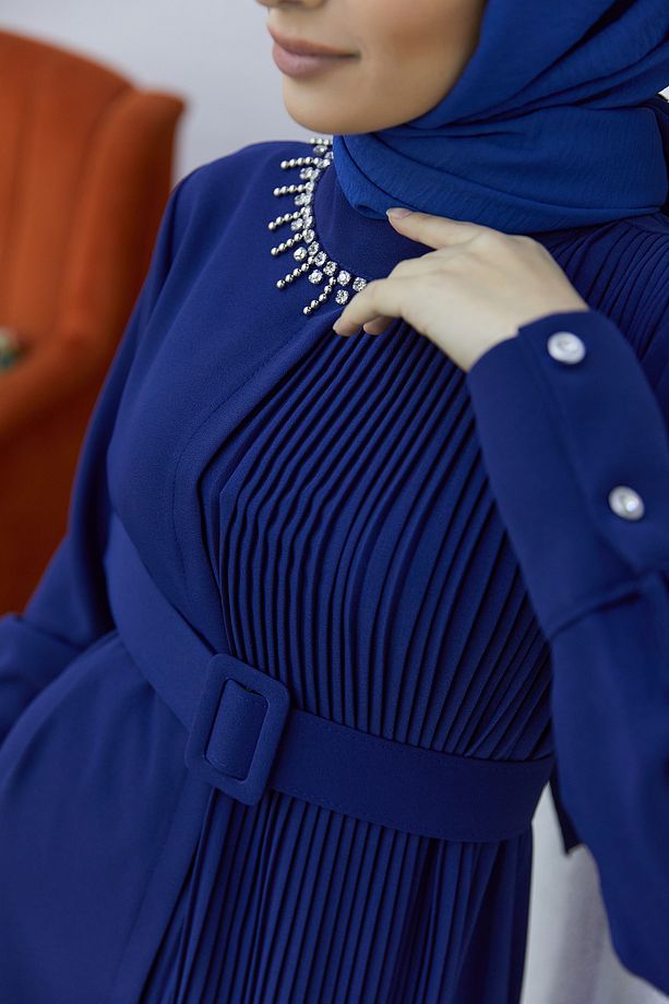 Piliseli Kemerli Elbise - Indigo - 4