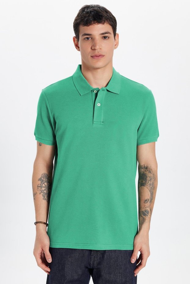 Men's Slim Fit Slim Fit 100% Cotton Green Polo Neck T-Shirt